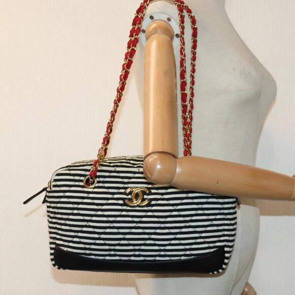 CHANEL Matelasse Chain Shoulder Bag Cotton Black White CC Auth - Picture 1 of 16